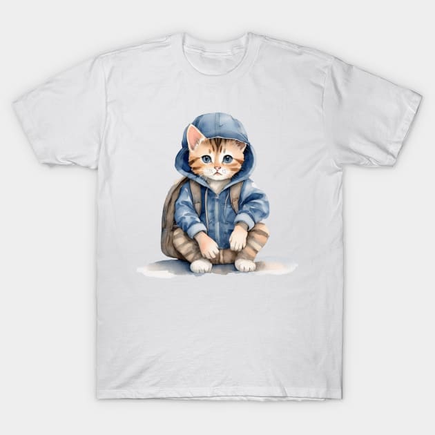 cute streat cat wearing a hoodie and a backpack T-Shirt by JnS Merch Store